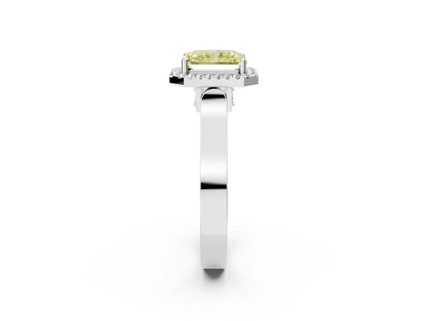 Platinum Fancy Yellow Radiant Cut Halo Round Diamond Twist Band with Four-Prong Setting
