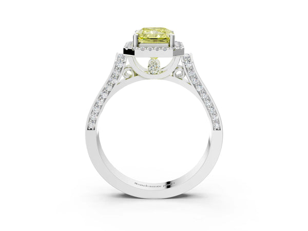 Platinum Fancy Yellow Radiant Cut Halo Round Diamond Twist Band with Four-Prong Setting