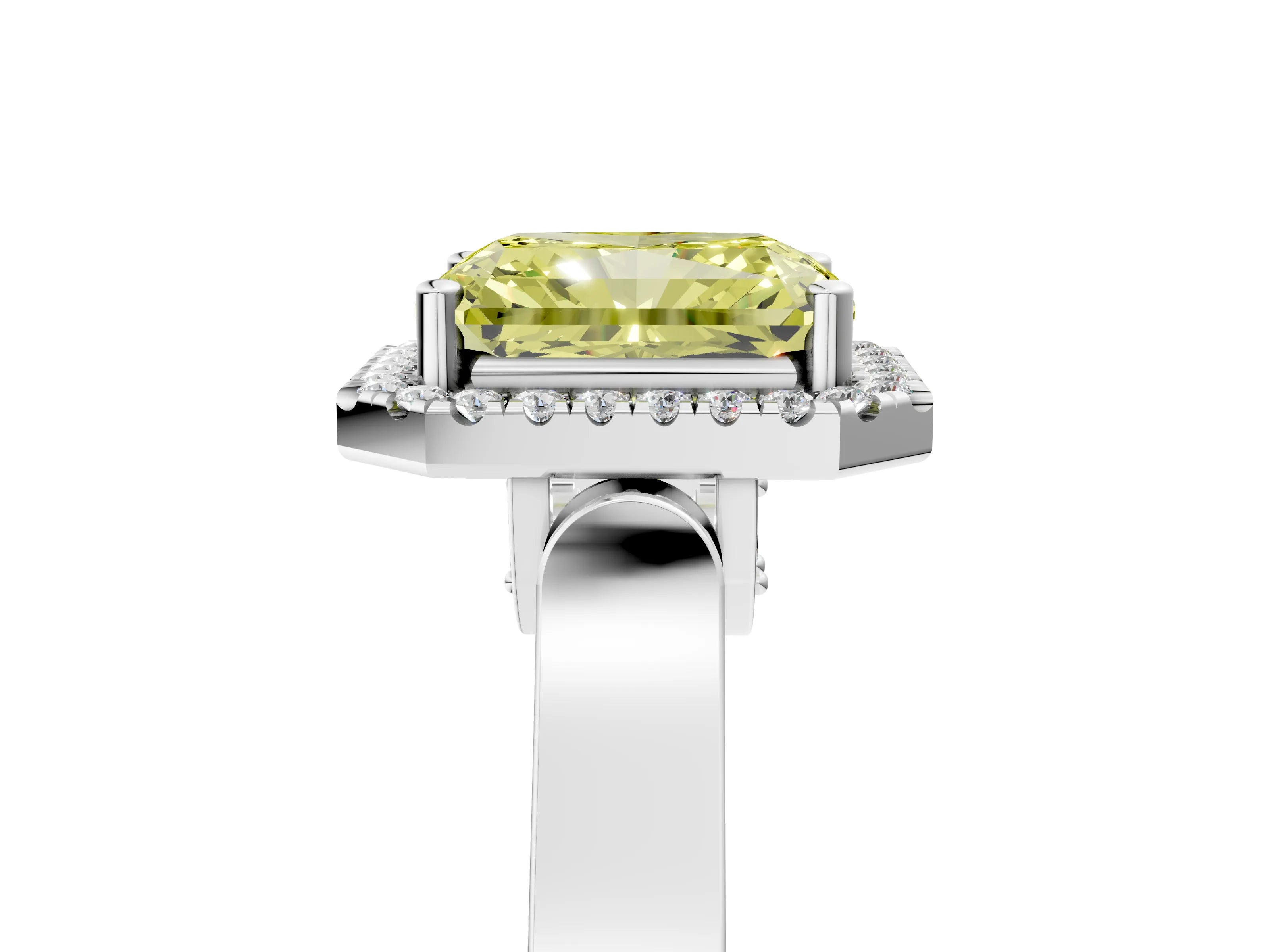 White gold Fancy Yellow Radiant Cut Halo Round Diamond Twist Band with Four-Prong Setting_29