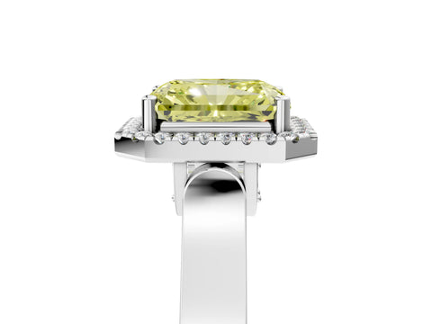 White gold Fancy Yellow Radiant Cut Halo Round Diamond Twist Band with Four-Prong Setting_29