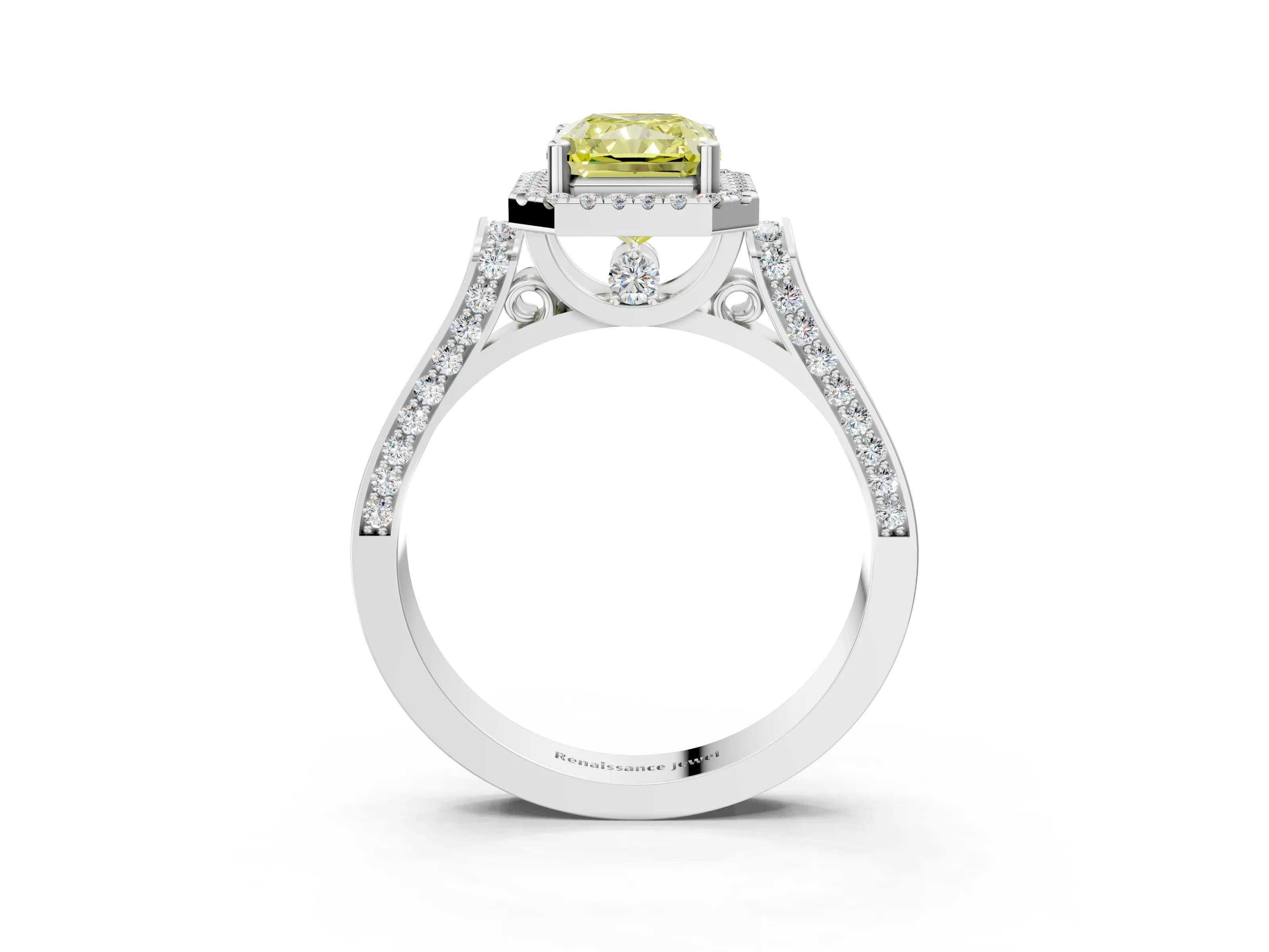 White gold Fancy Yellow Radiant Cut Halo Round Diamond Twist Band with Four-Prong Setting_3