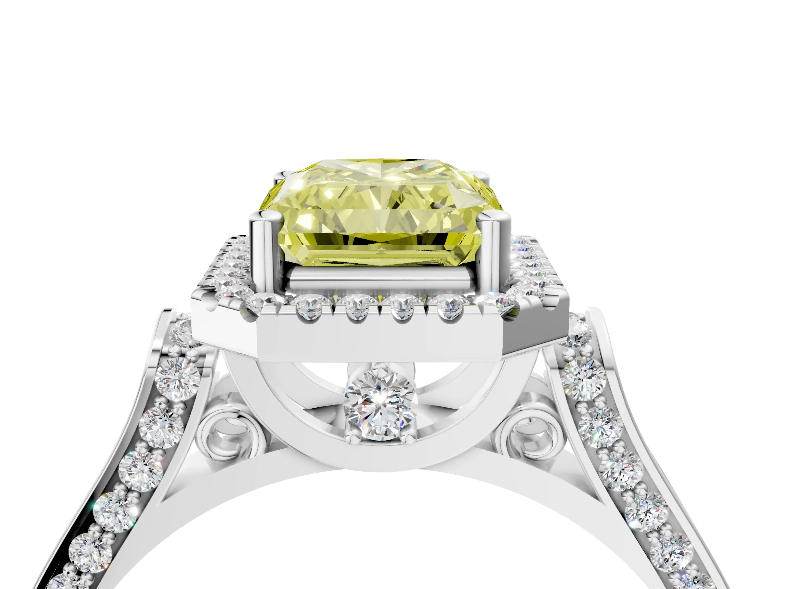 White gold Fancy Yellow Radiant Cut Halo Round Diamond Twist Band with Four-Prong Setting_4