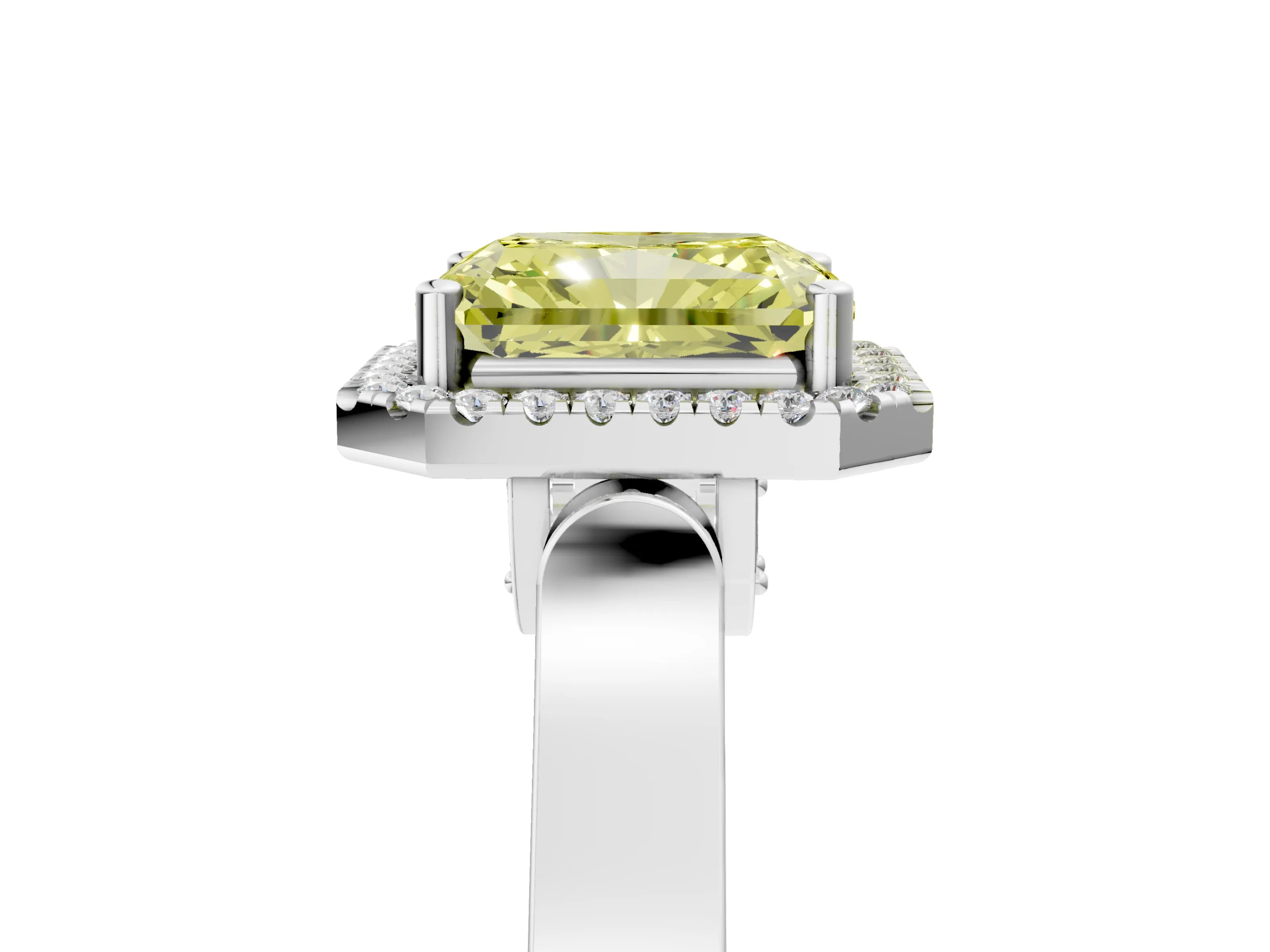 White gold Fancy Yellow Radiant Cut Halo Round Diamond Twist Band with Four-Prong Setting_5