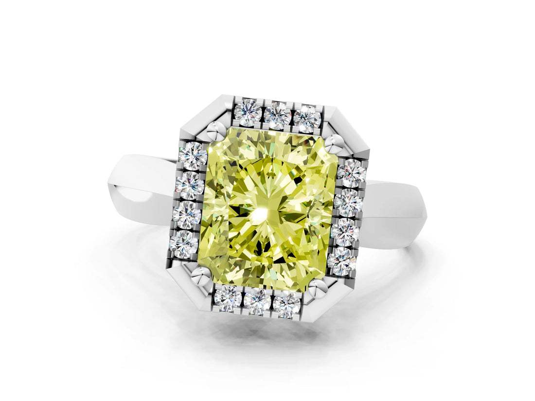 White gold Fancy Yellow Radiant  Cut Halo Solitaire Engagement Ring with Square Band and Four-Prong Setting_230