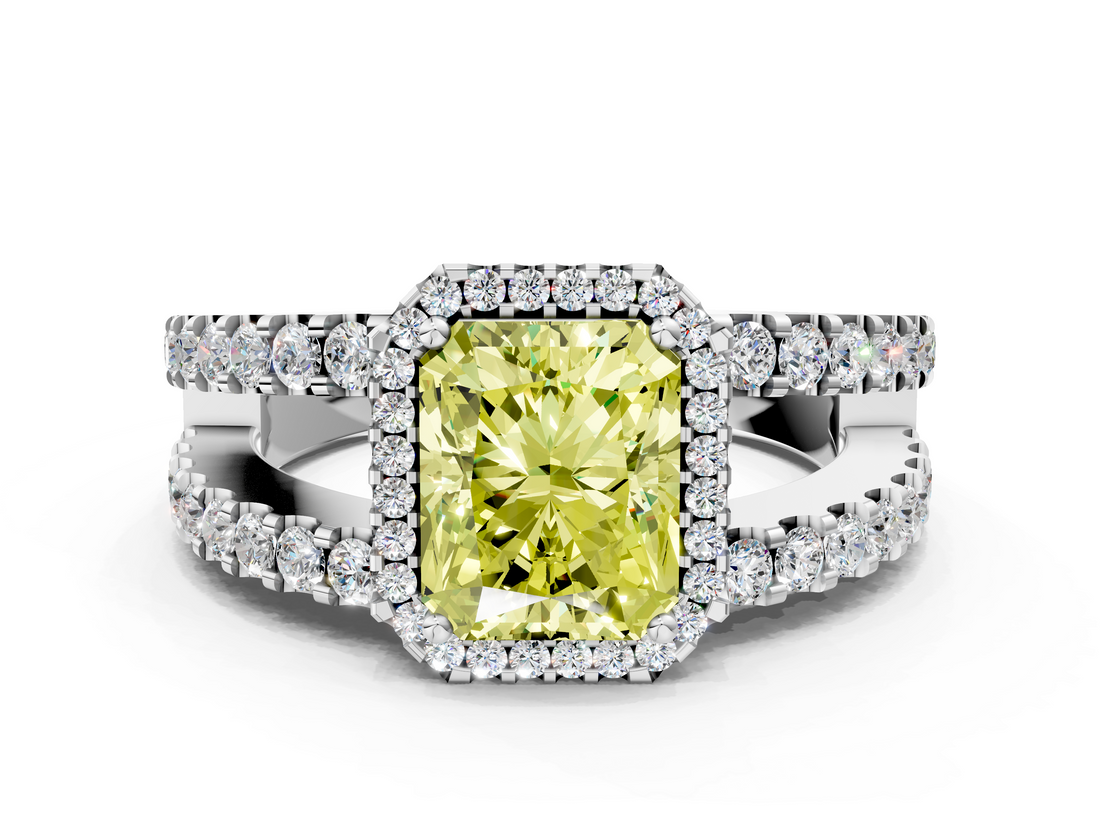 White gold Fancy Yellow Radiant  Cut Halo Split Shank Diamond Ring with Four-Prong Setting_41