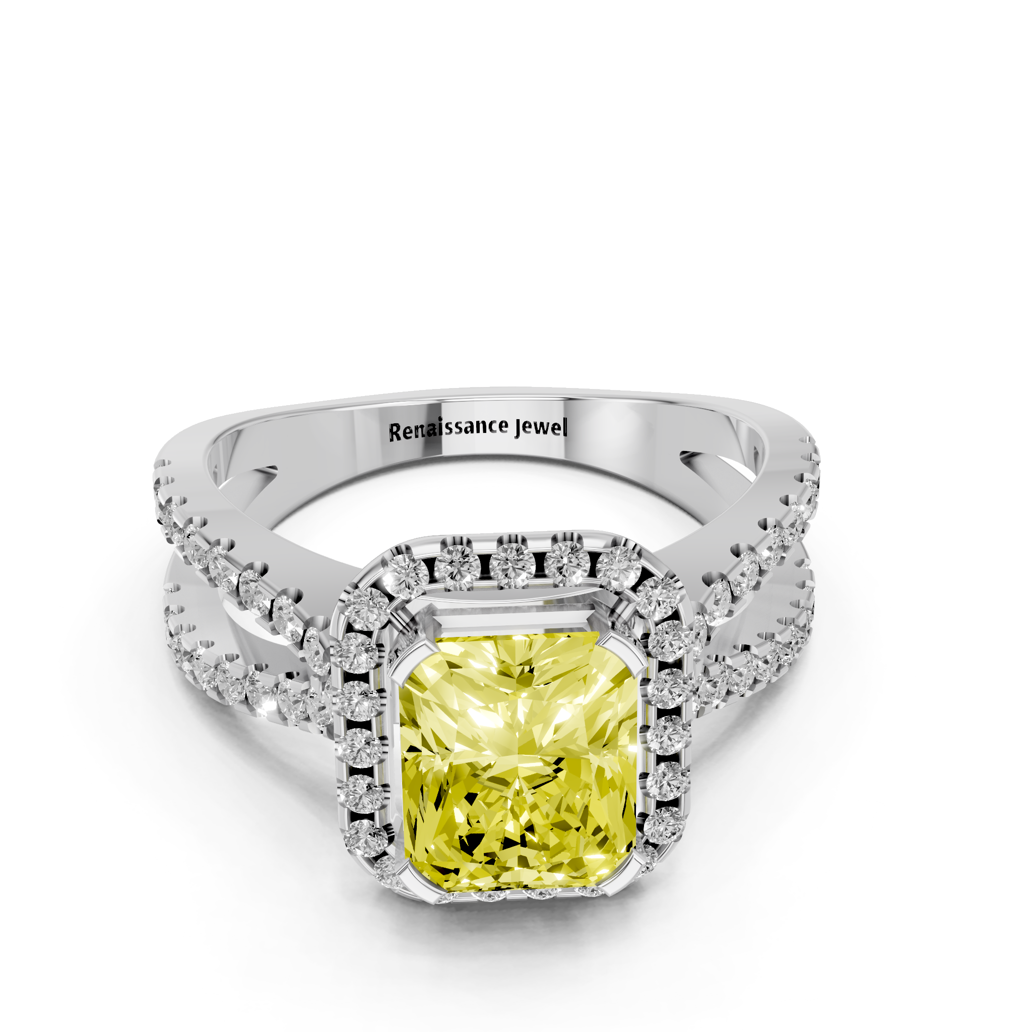 White gold Fancy Yellow Radiant  Cut Halo Split Shank Pave Set Ring_32
