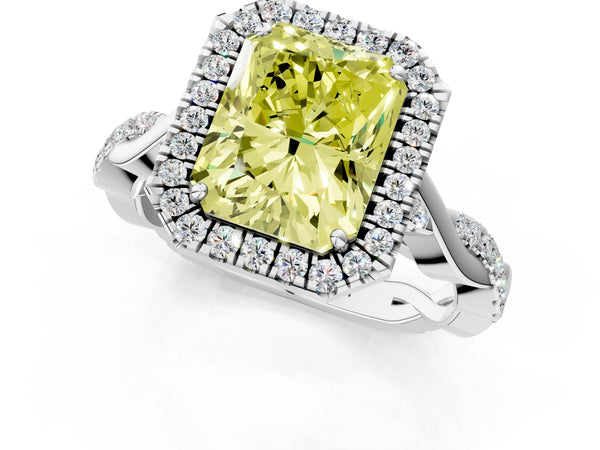 White gold Fancy Yellow Radiant Cut Halo Twist Band with Four-Prong Setting