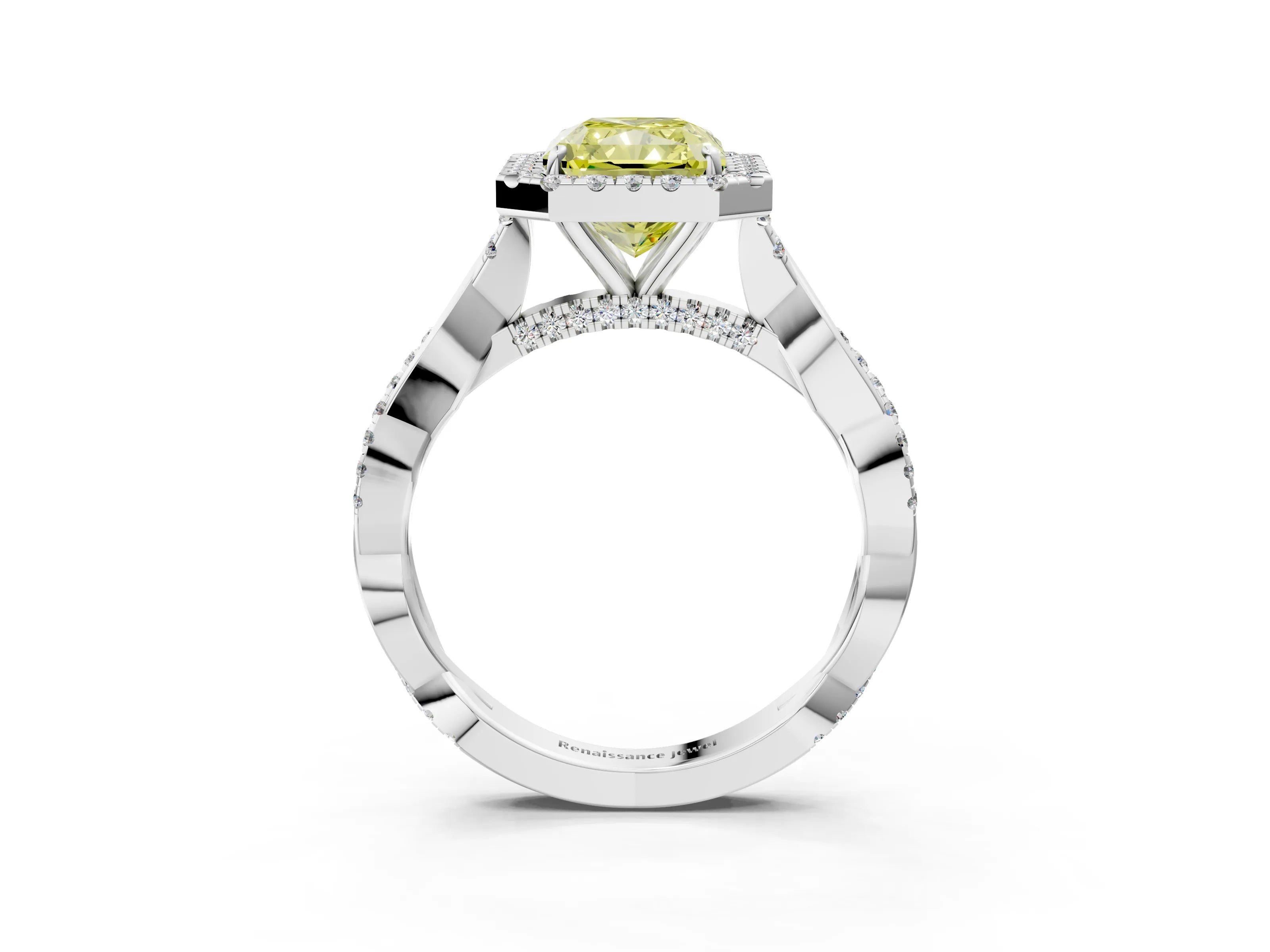 White gold Fancy Yellow Radiant Cut Halo Twist Band with Four-Prong Setting_3