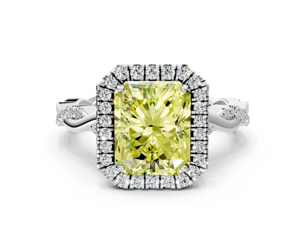 White gold Fancy Yellow Radiant Cut Halo Twist Band with Four-Prong Setting