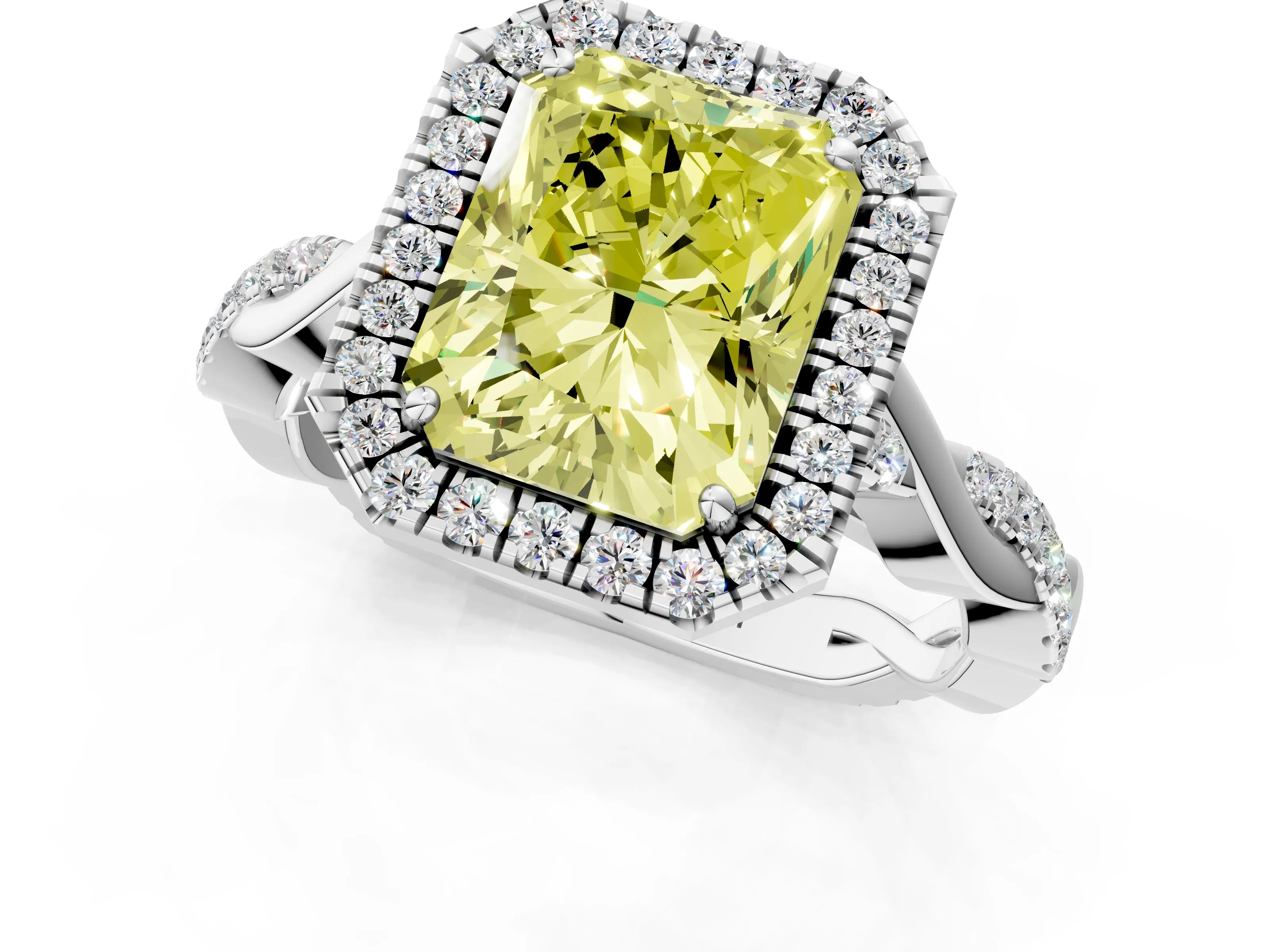 White gold Fancy Yellow Radiant Cut Halo Twist Band with Four-Prong Setting_73