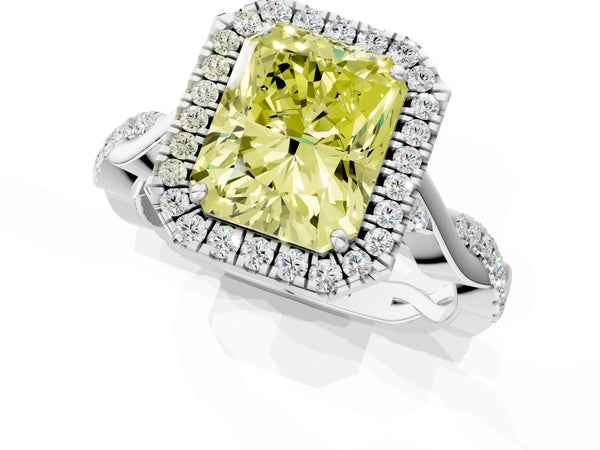 White gold Fancy Yellow Radiant Cut Halo Twist Band with Four-Prong Setting