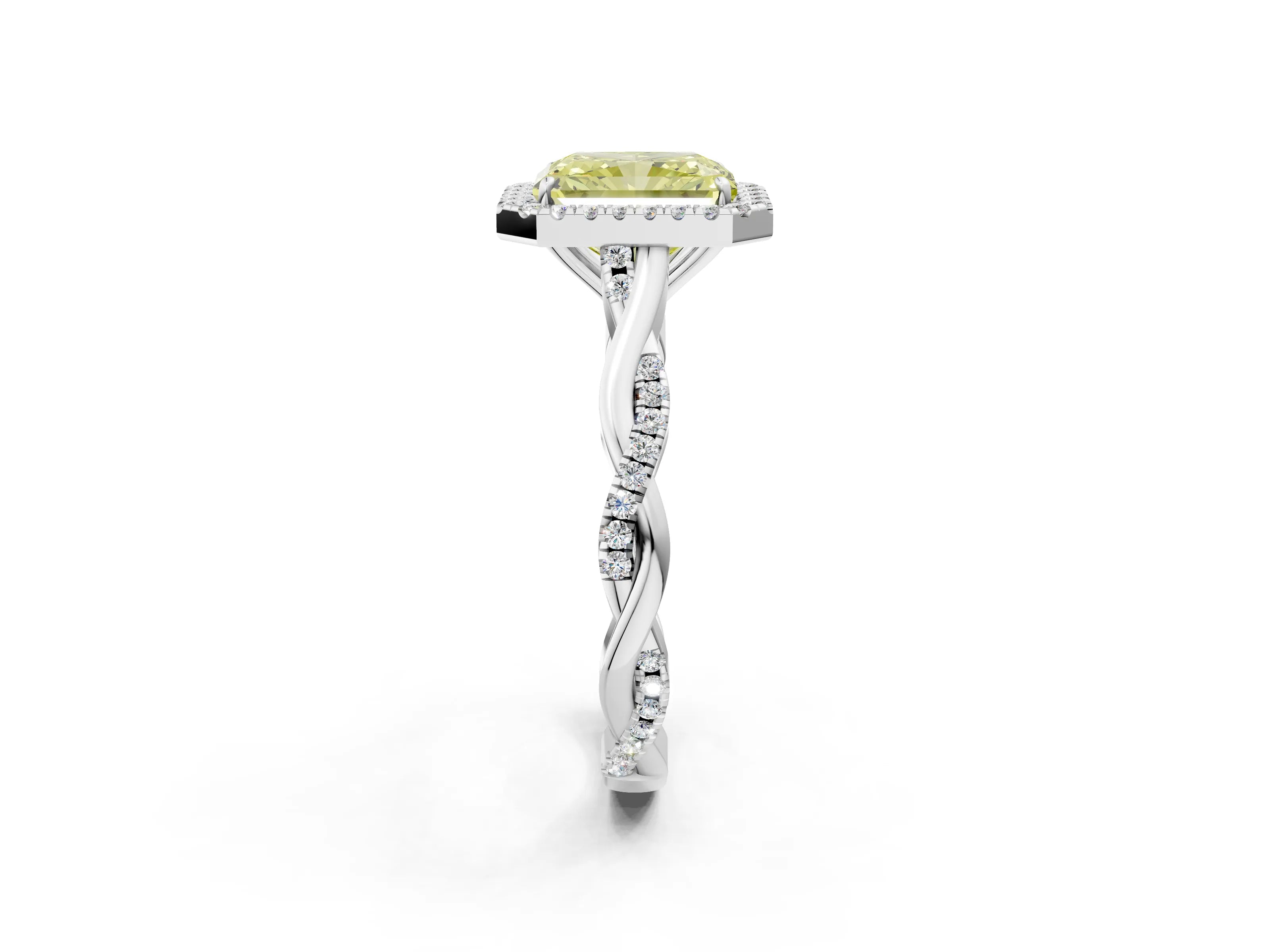 White gold Fancy Yellow Radiant Cut Halo Twist Band with Four-Prong Setting_74