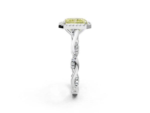 White gold Fancy Yellow Radiant Cut Halo Twist Band with Four-Prong Setting