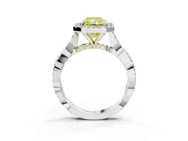 White gold Fancy Yellow Radiant Cut Halo Twist Band with Four-Prong Setting