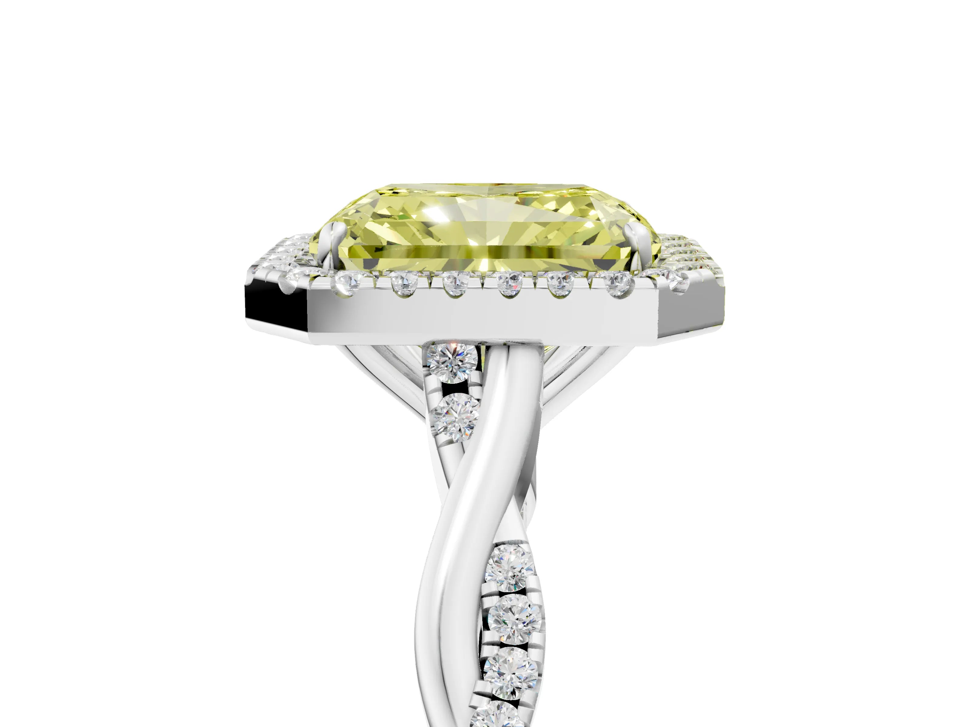 White gold Fancy Yellow Radiant Cut Halo Twist Band with Four-Prong Setting_77