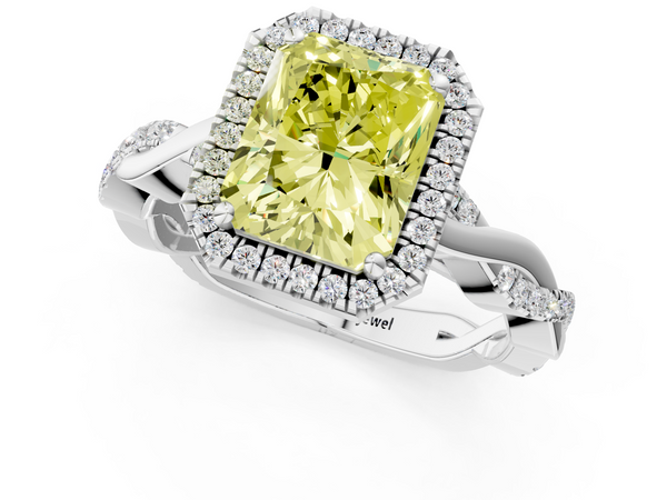 Platinum Fancy Yellow Radiant  Cut Halo Twisted Band Four-Prong Ring