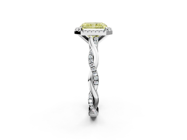 Platinum Fancy Yellow Radiant  Cut Halo Twisted Band Four-Prong Ring
