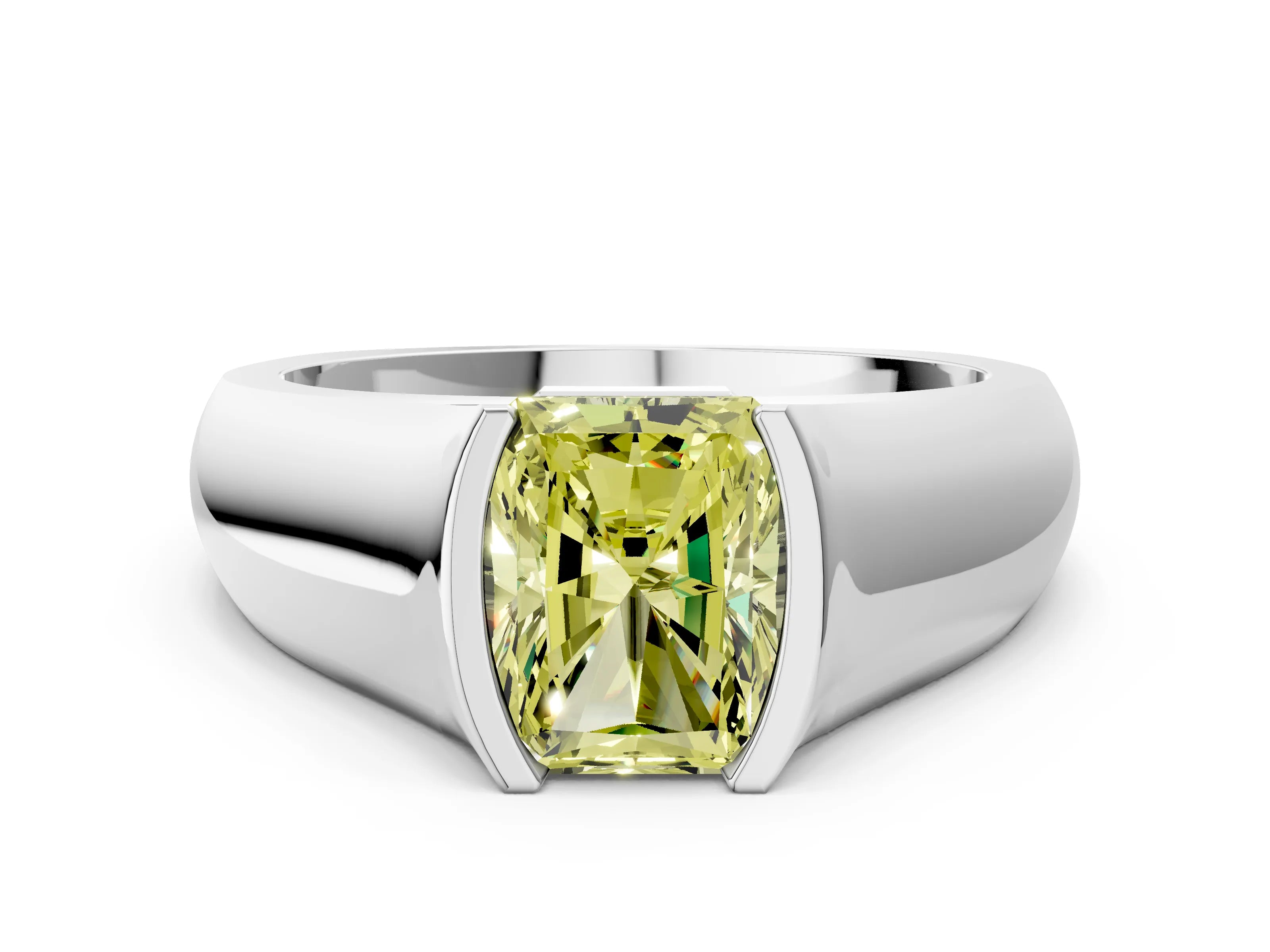 White gold Fancy Yellow Radiant Cut Solitaire Bezel Set Diamond Ring with Wide Band_12