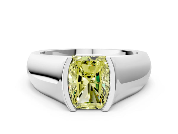 White gold Fancy Yellow Radiant Cut Solitaire Bezel Set Diamond Ring with Wide Band