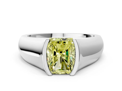 White gold Fancy Yellow Radiant Cut Solitaire Bezel Set Diamond Ring with Wide Band_12