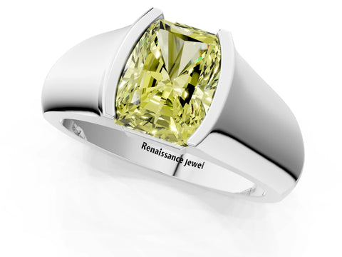 White gold Fancy Yellow Radiant Cut Solitaire Bezel Set Diamond Ring with Wide Band_13