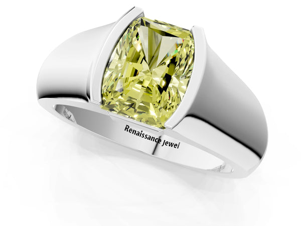 White gold Fancy Yellow Radiant Cut Solitaire Bezel Set Diamond Ring with Wide Band