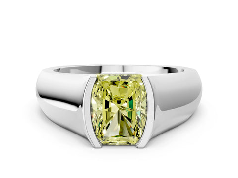 White gold Fancy Yellow Radiant Cut Solitaire Bezel Set Diamond Ring with Wide Band