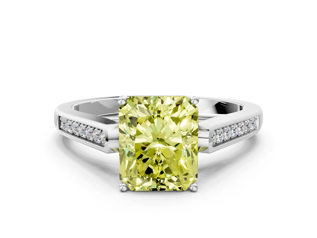 White gold Fancy Yellow Radiant Cut Solitaire Cathedral Diamond Engagement Ring with Channel-Set Band and Four-Prong Setting_15