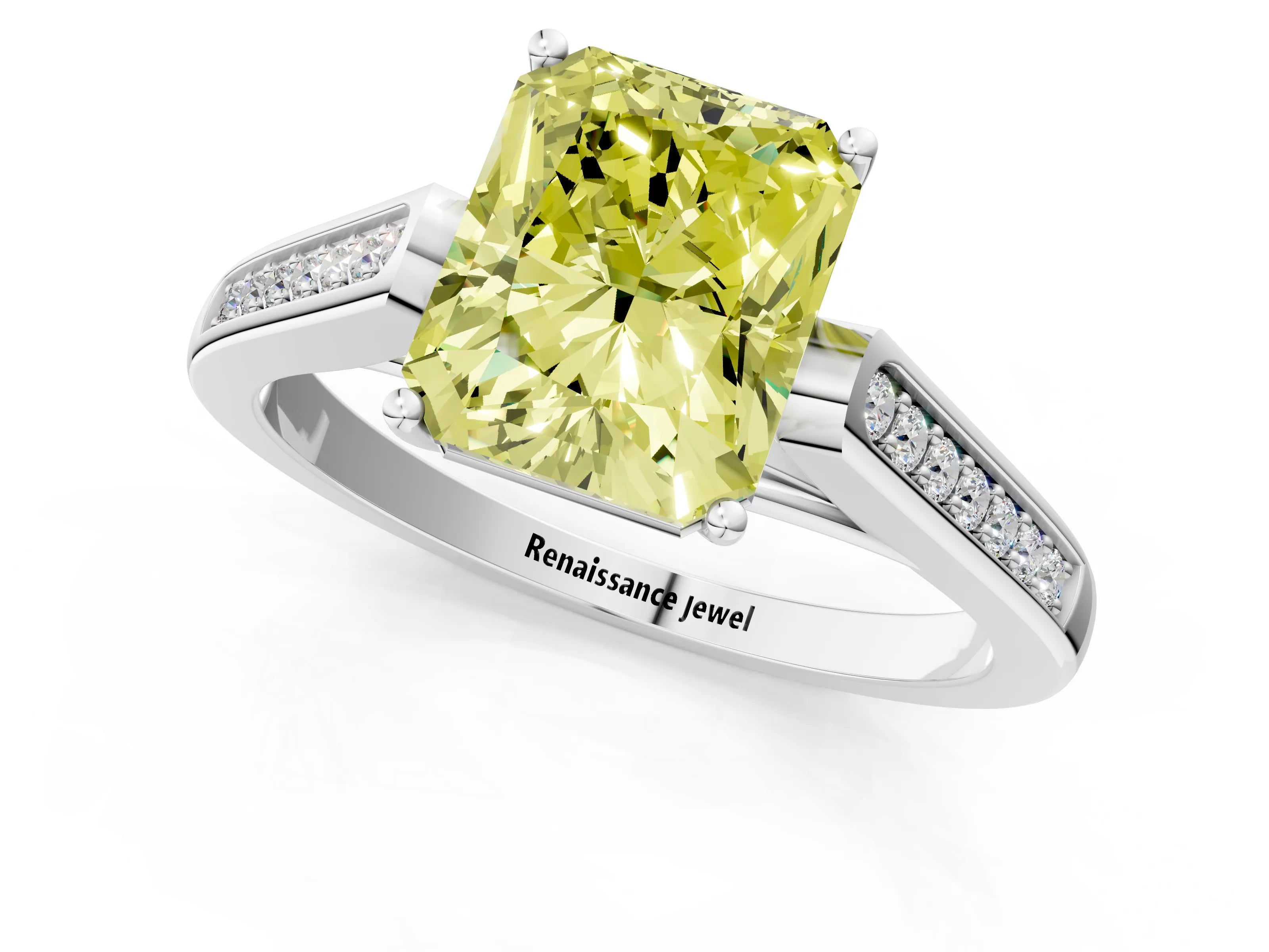 White gold Fancy Yellow Radiant Cut Solitaire Cathedral Diamond Engagement Ring with Channel-Set Band and Four-Prong Setting_16