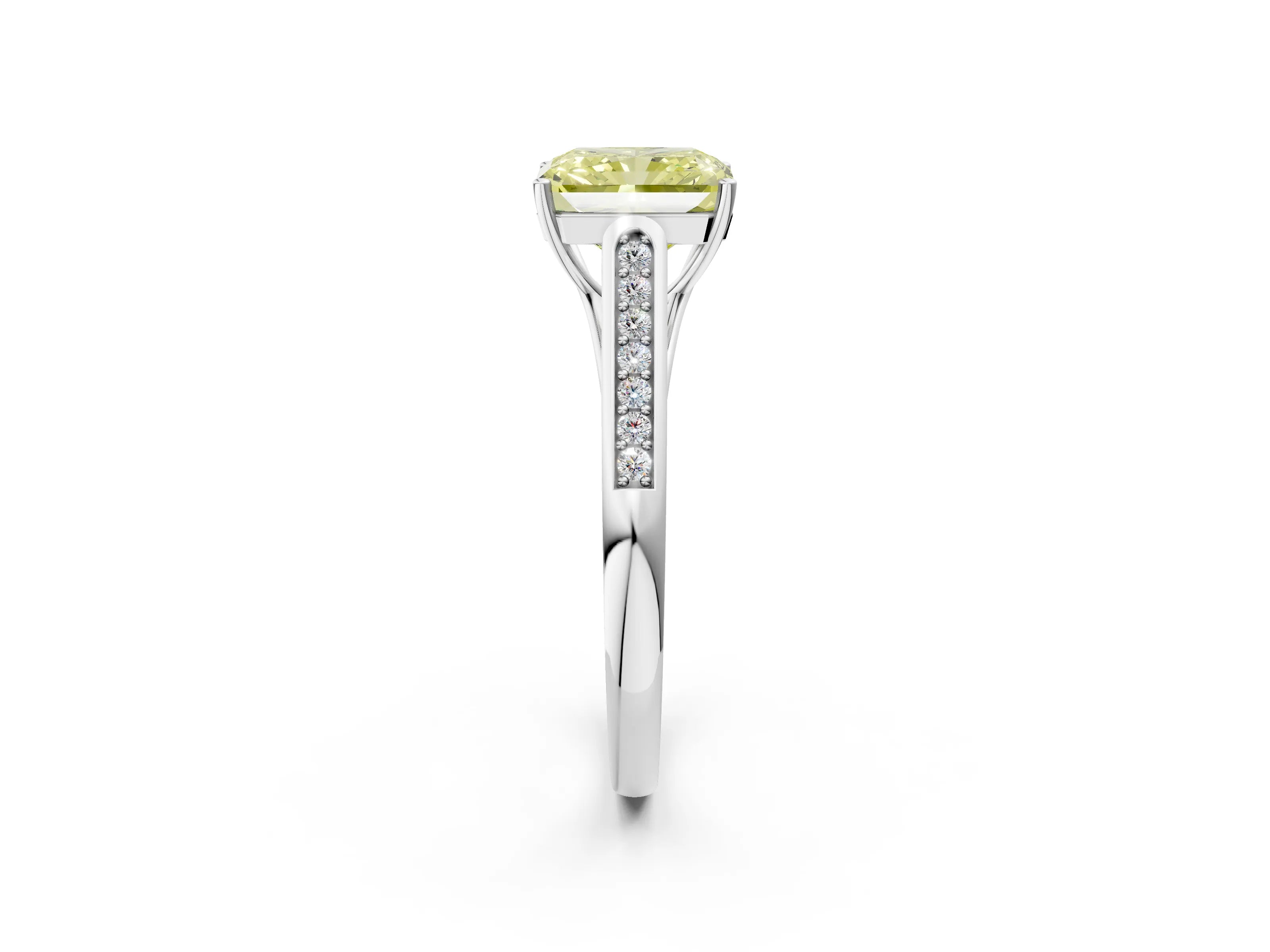 White gold Fancy Yellow Radiant Cut Solitaire Cathedral Diamond Engagement Ring with Channel-Set Band and Four-Prong Setting_17