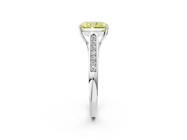 White gold Fancy Yellow Radiant Cut Solitaire Cathedral Diamond Engagement Ring with Channel-Set Band and Four-Prong Setting