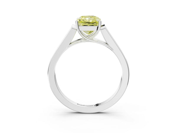 White gold Fancy Yellow Radiant Cut Solitaire Cathedral Diamond Engagement Ring with Channel-Set Band and Four-Prong Setting