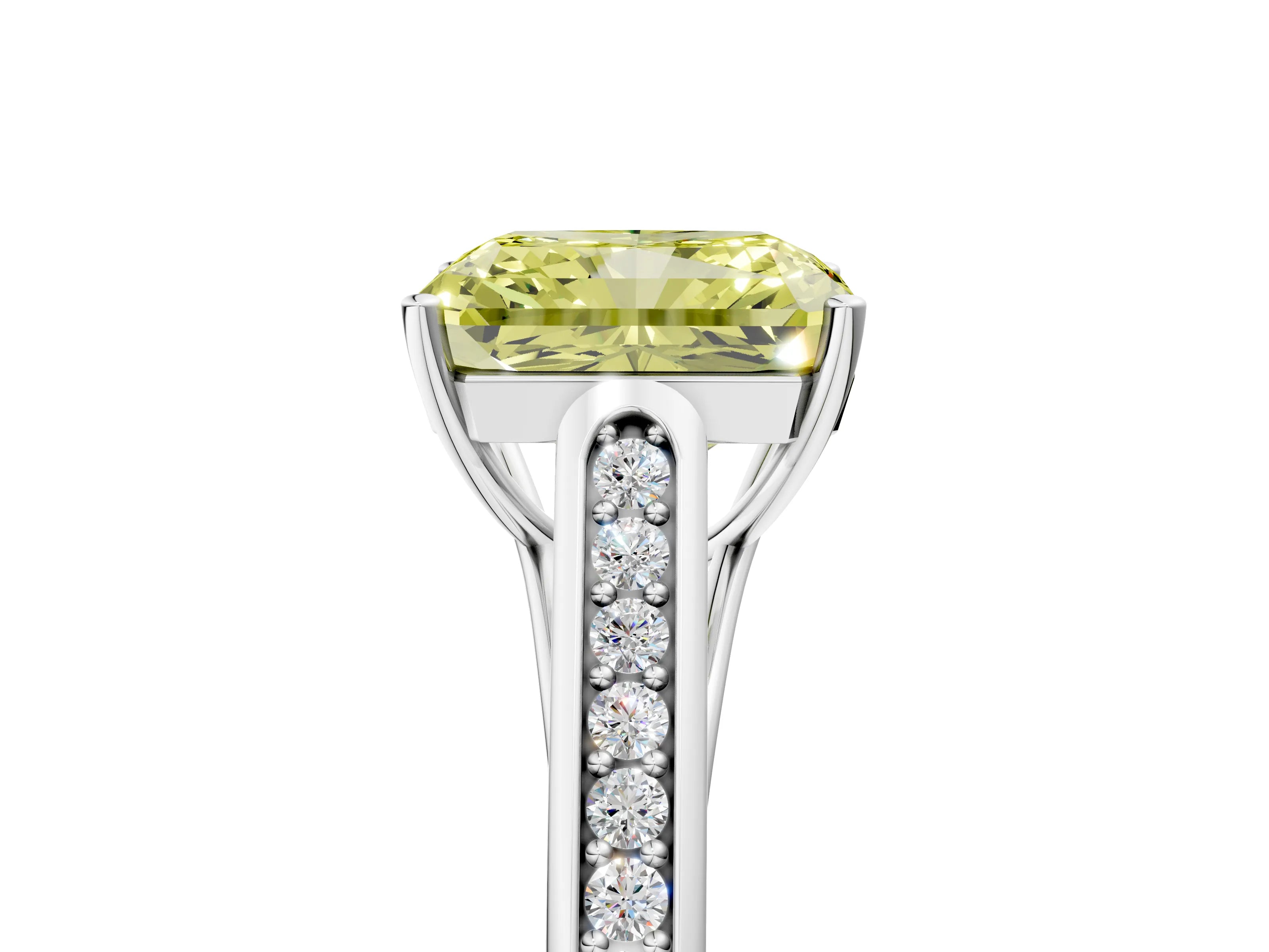 White gold Fancy Yellow Radiant Cut Solitaire Cathedral Diamond Engagement Ring with Channel-Set Band and Four-Prong Setting_20