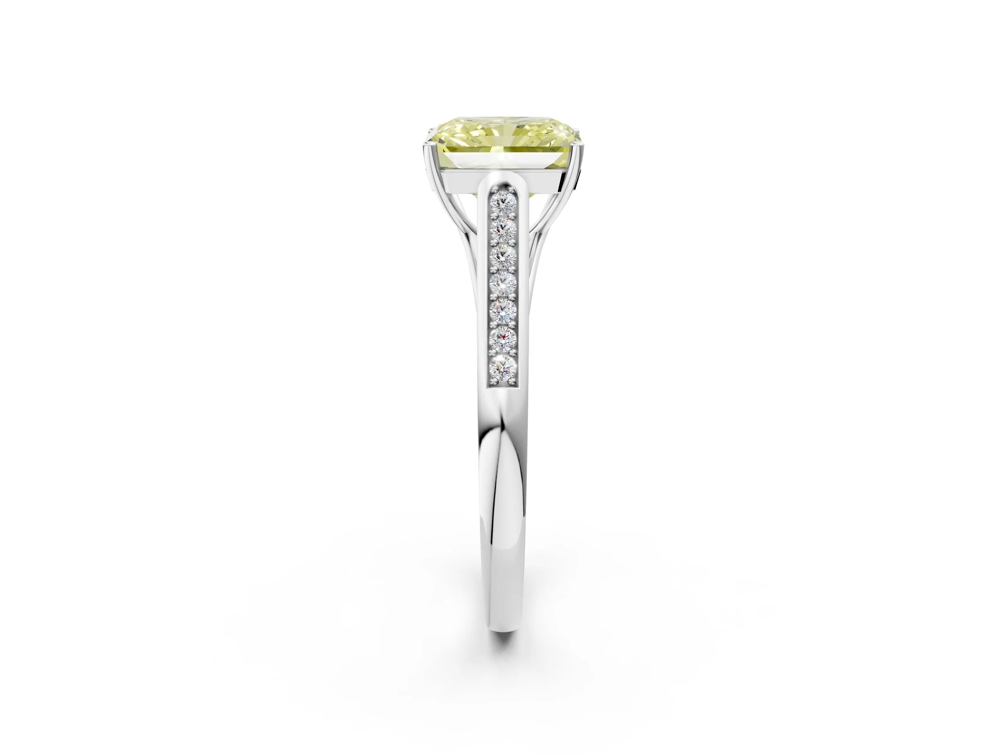 White gold Fancy Yellow Radiant Cut Solitaire Cathedral Diamond Engagement Ring with Channel-Set Band and Four-Prong Setting_5