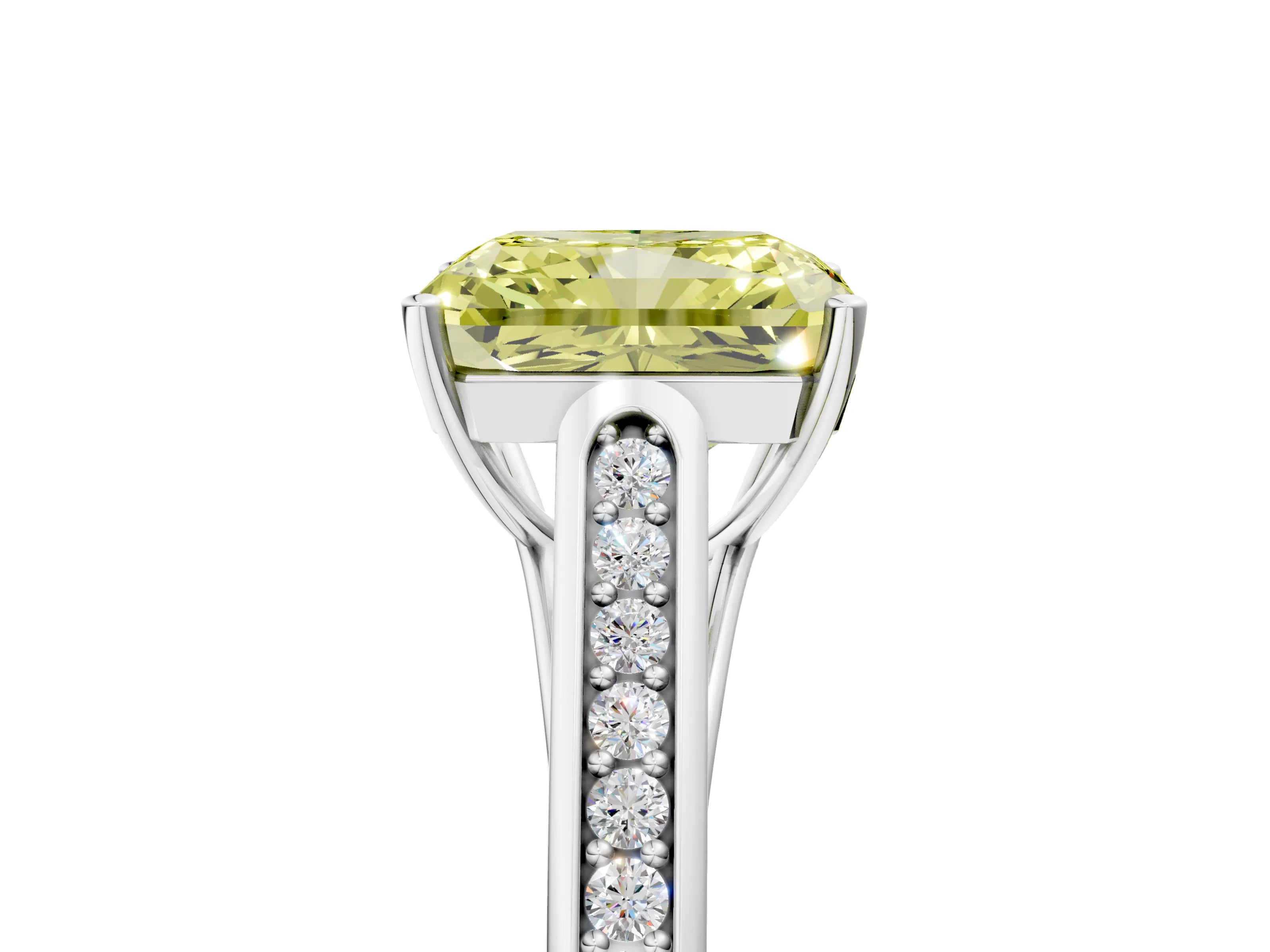 White gold Fancy Yellow Radiant Cut Solitaire Cathedral Diamond Engagement Ring with Channel-Set Band and Four-Prong Setting_8