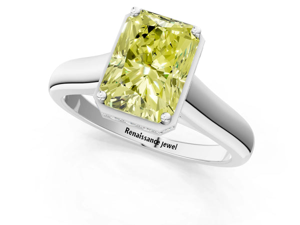 Platinum Fancy Yellow Radiant Cut Solitaire Diamond Engagement Ring with Four-Prong Setting and Tapered Band