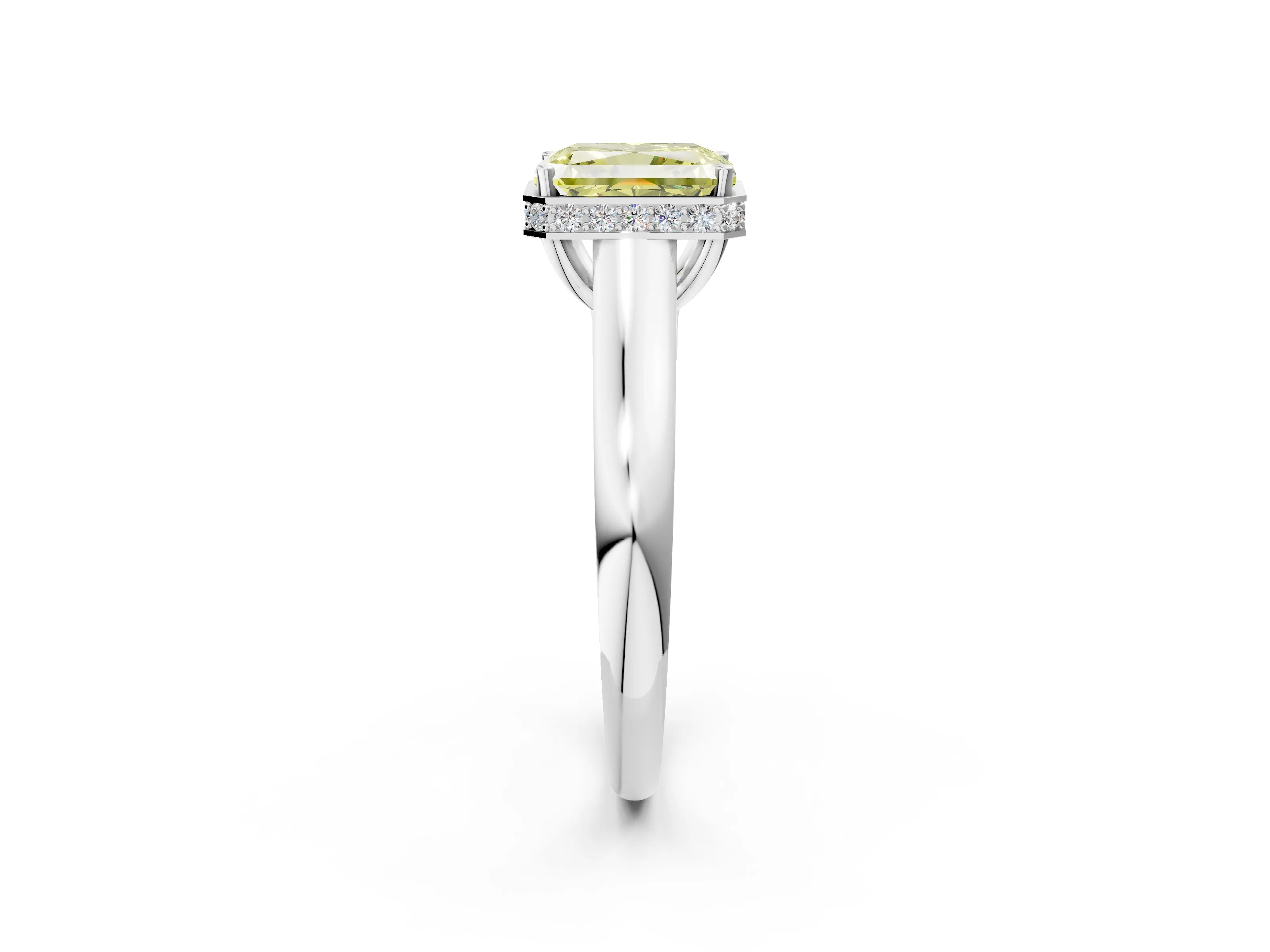 White gold Fancy Yellow Radiant Cut Solitaire Diamond Engagement Ring with Four-Prong Setting and Tapered Band_14
