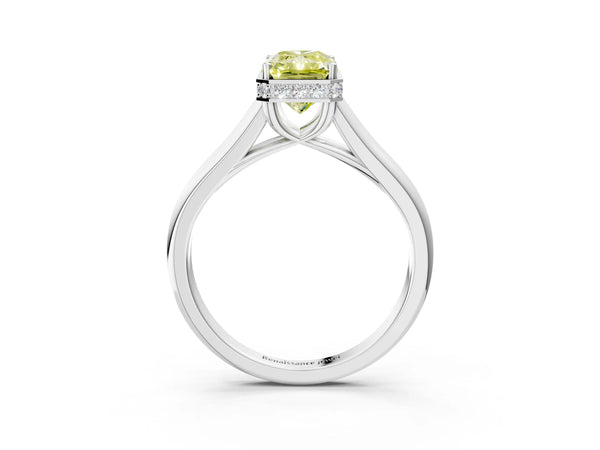 Platinum Fancy Yellow Radiant Cut Solitaire Diamond Engagement Ring with Four-Prong Setting and Tapered Band