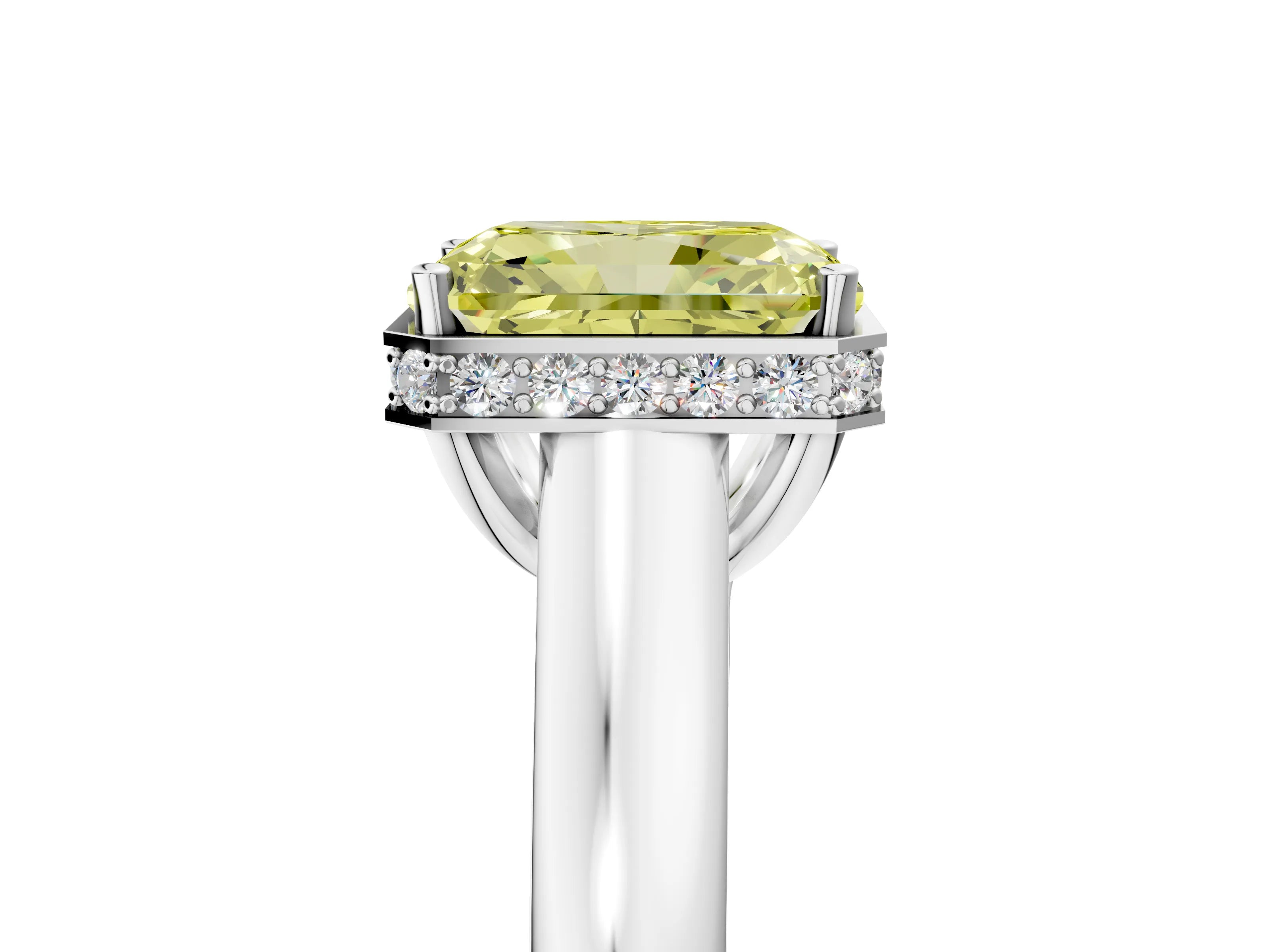 White gold Fancy Yellow Radiant Cut Solitaire Diamond Engagement Ring with Four-Prong Setting and Tapered Band_5