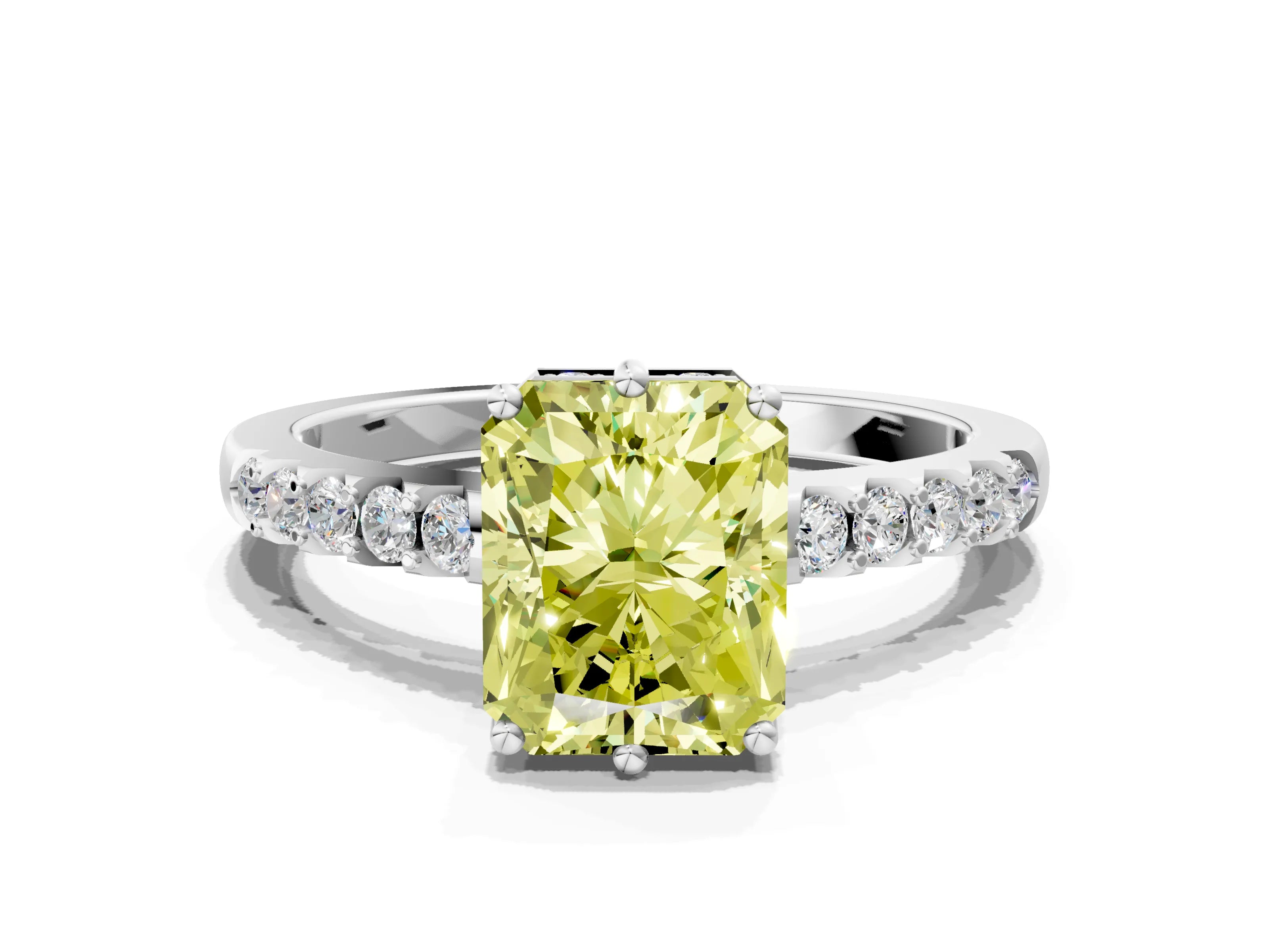 White gold Fancy Yellow Radiant Cut Solitaire Diamond Engagement Ring with Pavé Band and Six-Prong Setting_12
