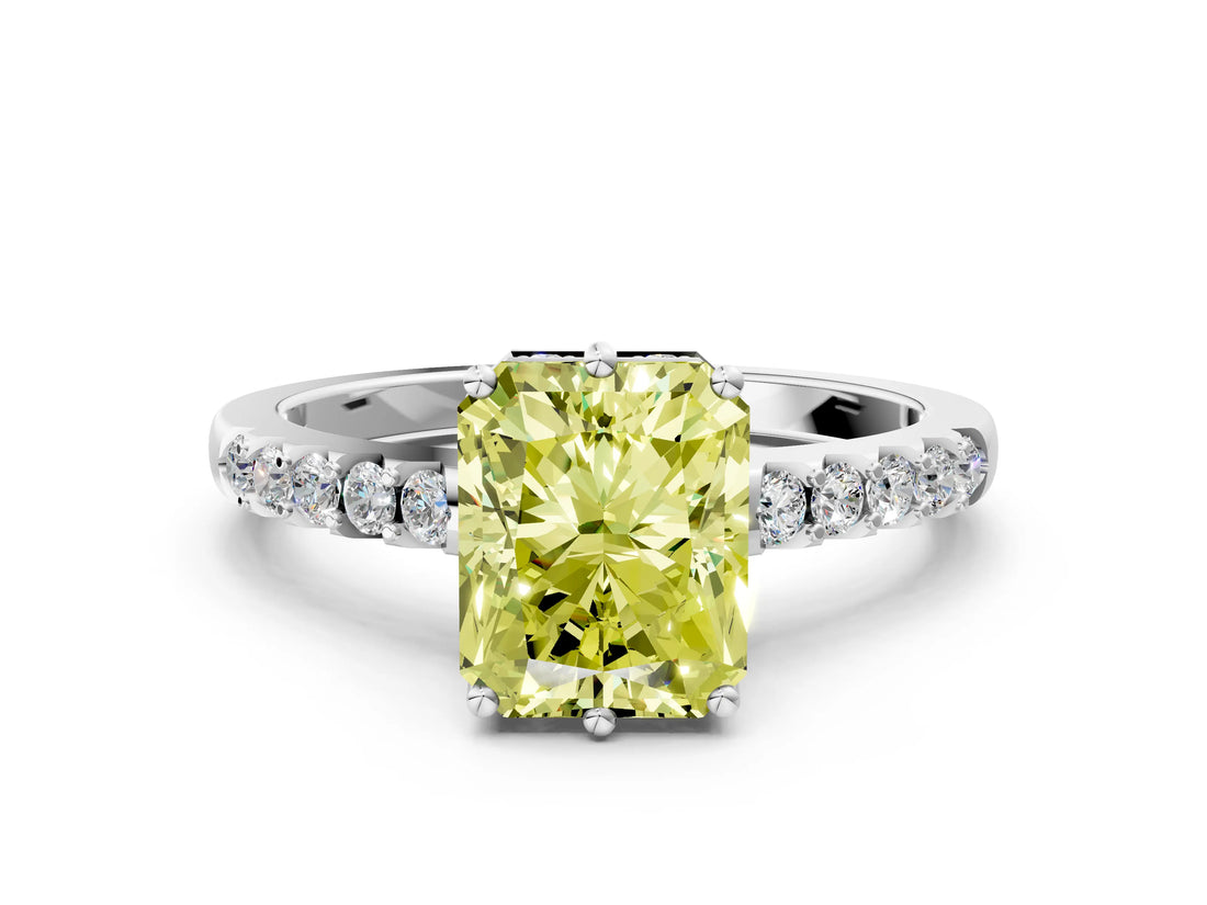 White gold Fancy Yellow Radiant Cut Solitaire Diamond Engagement Ring with Pavé Band and Six-Prong Setting_24