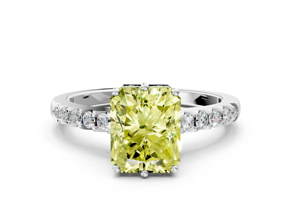 White gold Fancy Yellow Radiant Cut Solitaire Diamond Engagement Ring with Pavé Band and Six-Prong Setting_24