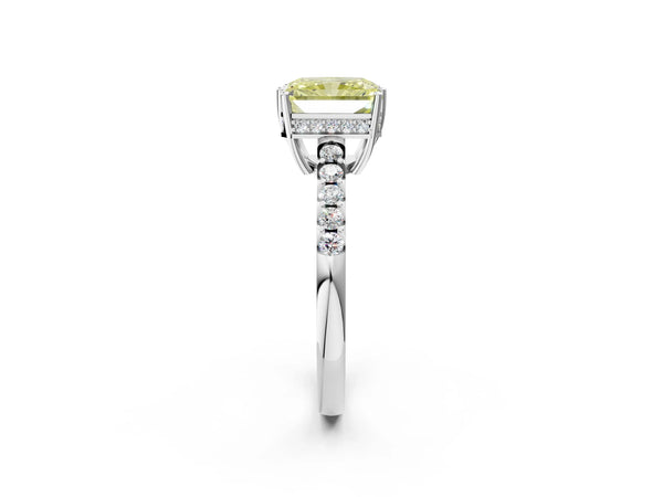 Platinum Fancy Yellow Radiant Cut Solitaire Diamond Engagement Ring with Pavé Band and Six-Prong Setting
