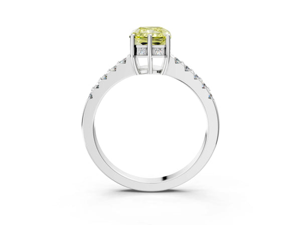 Platinum Fancy Yellow Radiant Cut Solitaire Diamond Engagement Ring with Pavé Band and Six-Prong Setting