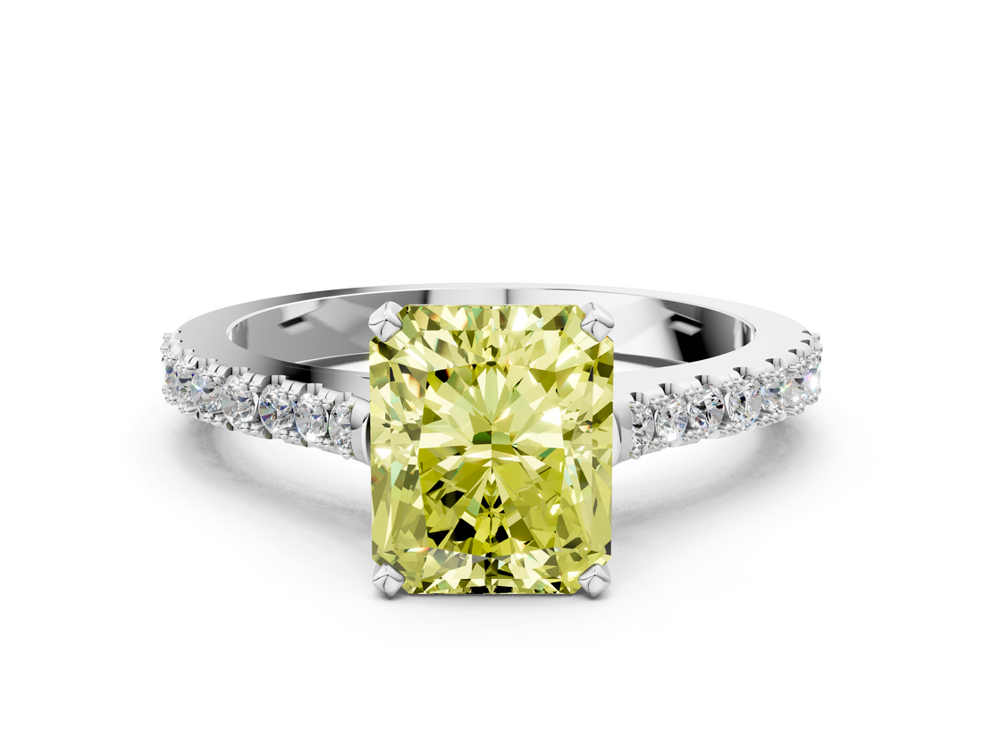 White gold Fancy Yellow Radiant  Cut Solitaire Diamond Engagement Ring with Pave Band and Four-Prong Setting_159
