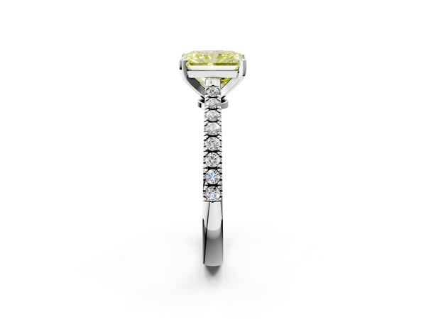 White gold Fancy Yellow Radiant  Cut Solitaire Diamond Engagement Ring with Pave Band and Four-Prong Setting