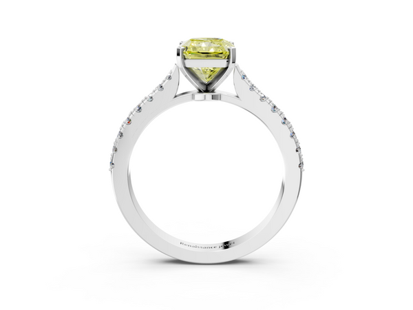 White gold Fancy Yellow Radiant  Cut Solitaire Diamond Engagement Ring with Pave Band and Four-Prong Setting