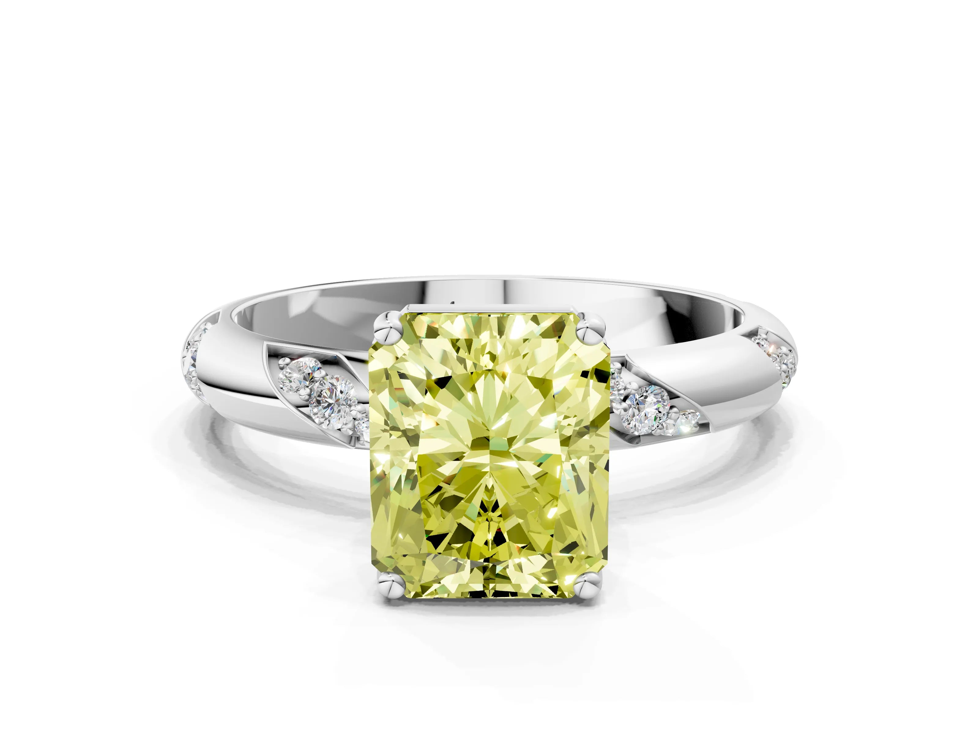 White gold Fancy Yellow Radiant Cut Solitaire Diamond Engagement Ring with Twisted Pave Band and Four-Prong Setting_37