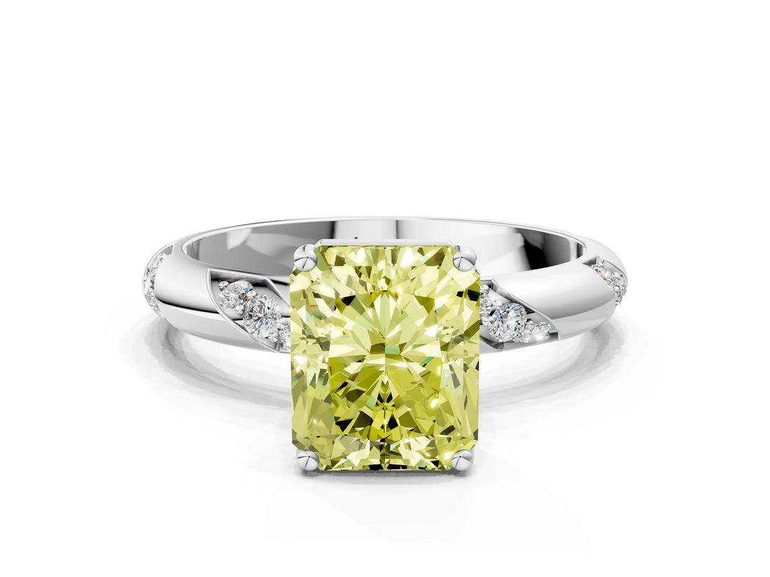 White gold Fancy Yellow Radiant Cut Solitaire Diamond Engagement Ring with Twisted Pave Band and Four-Prong Setting_37