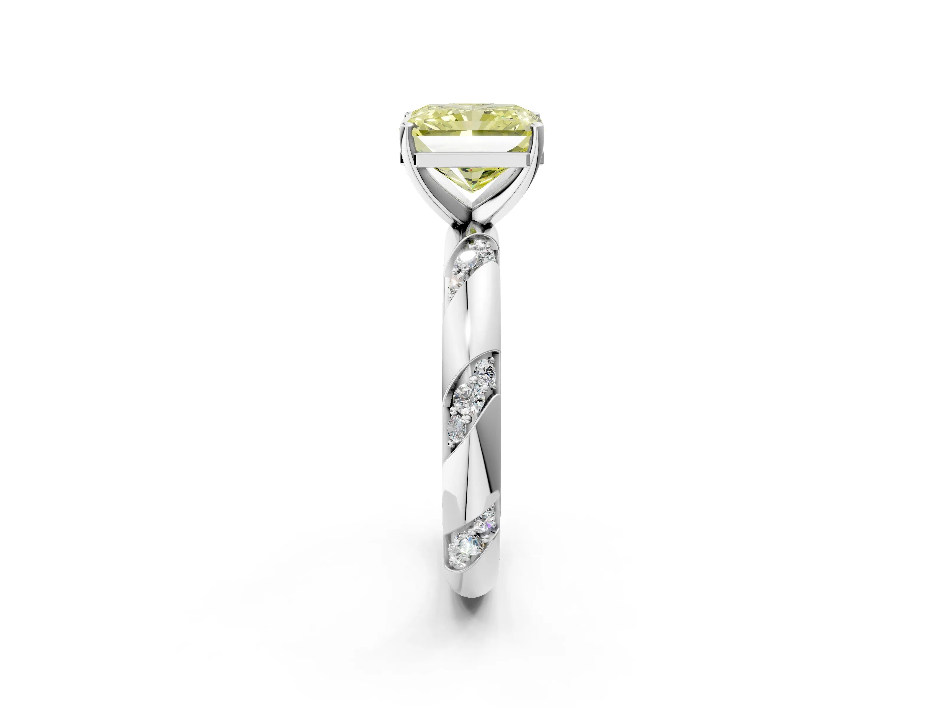 White gold Fancy Yellow Radiant Cut Solitaire Diamond Engagement Ring with Twisted Pave Band and Four-Prong Setting_39
